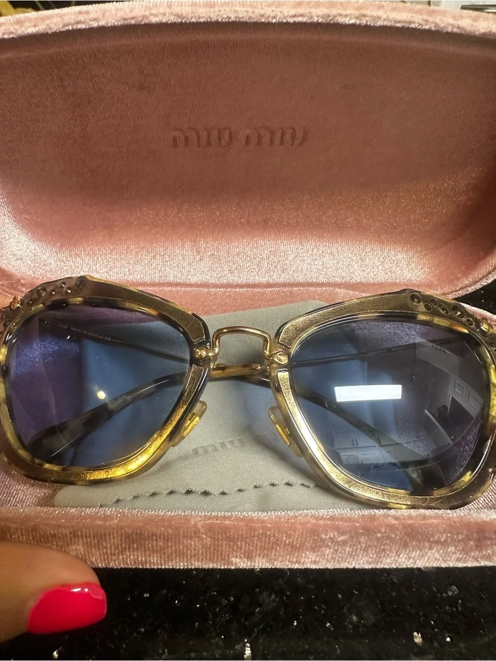 Miu Miu Gold Tortoiseshell Frame Sunglasses with Purple Lenses - Picture 2 of 6